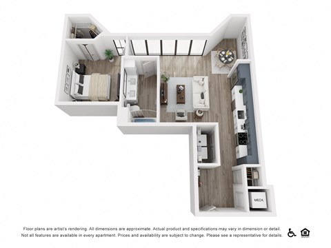 Floor plan for 1 bed, 1 bath, 735 sqft